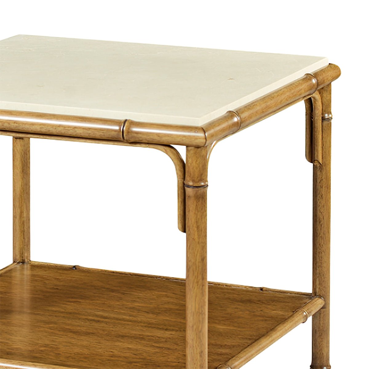 Close-up of bamboo end table corner and top.
