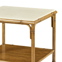 Close-up of bamboo end table corner and top.