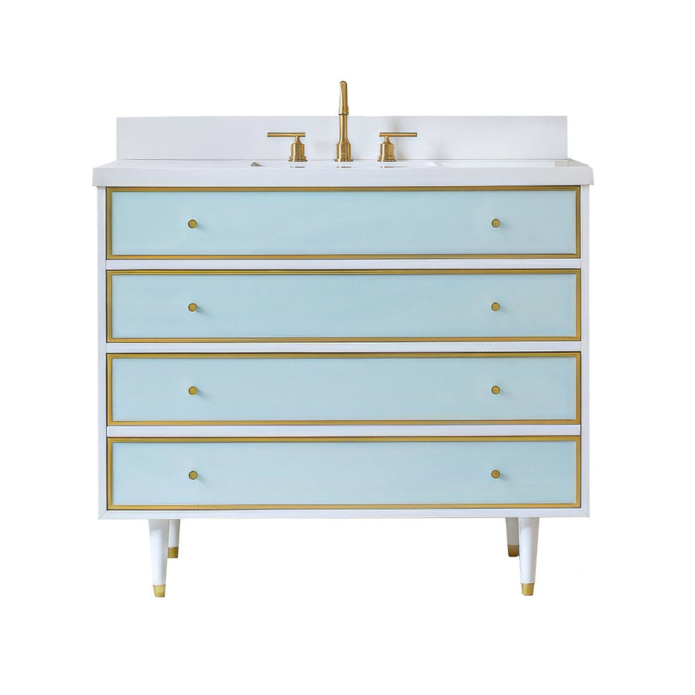 Coastal bathroom vanity, front view, blue and gold design.