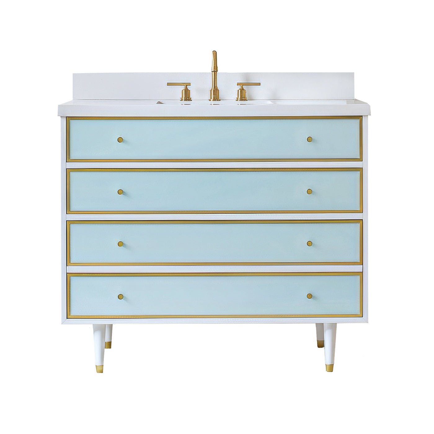 Coastal bathroom vanity, front view, blue and gold design.