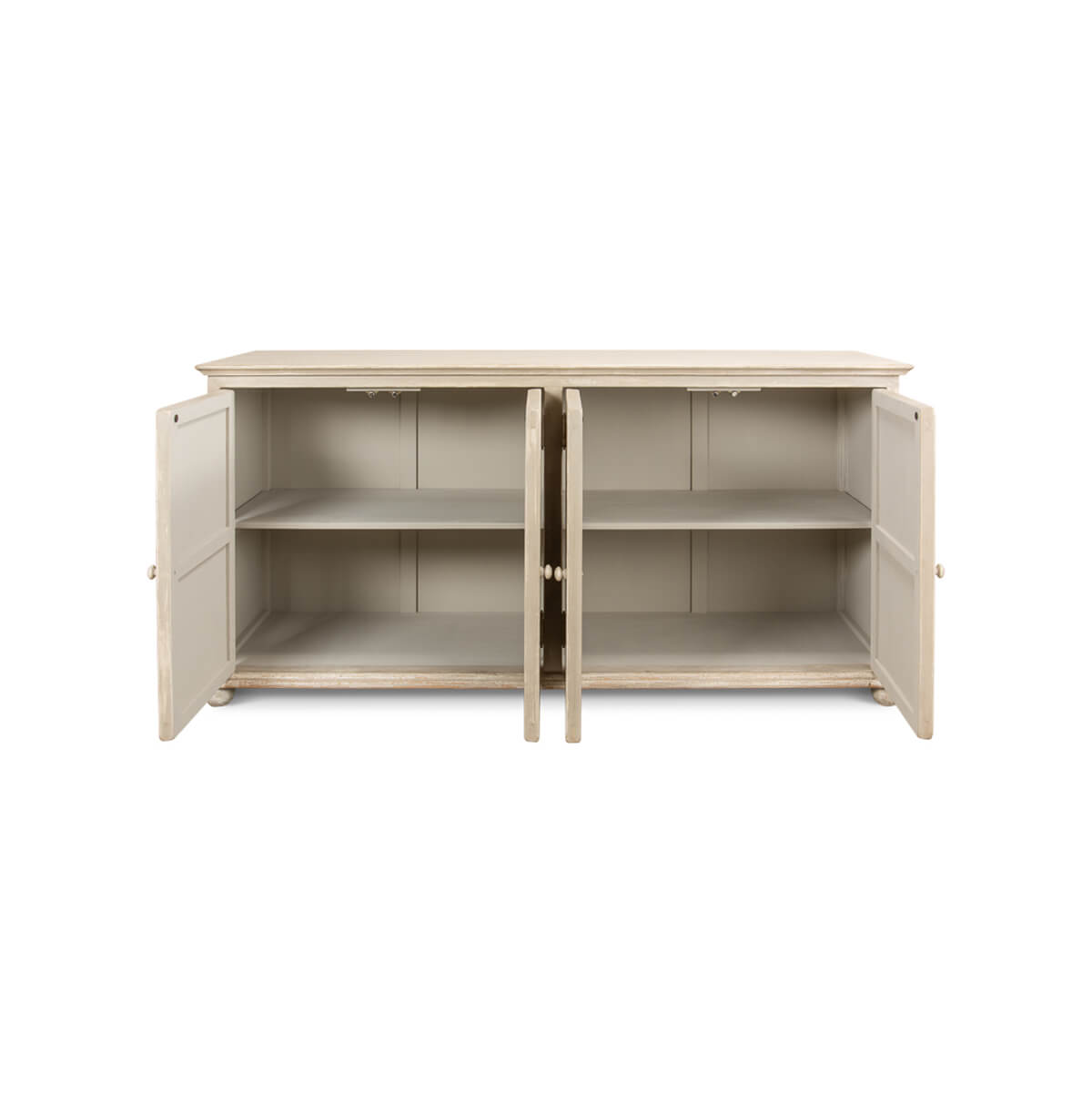 Interior shelves of Coastal Beach Four Door Buffet, open.