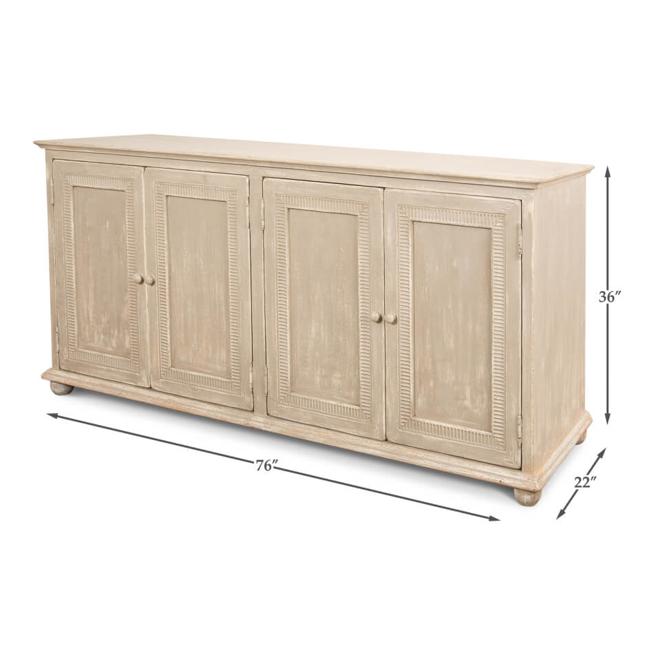 Dimensions of Coastal Beach Four Door Buffet, 76x36x22 inches.
