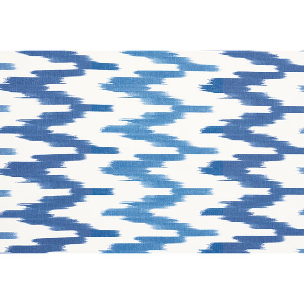 White and blue zigzag pattern fabric for bench upholstery.
