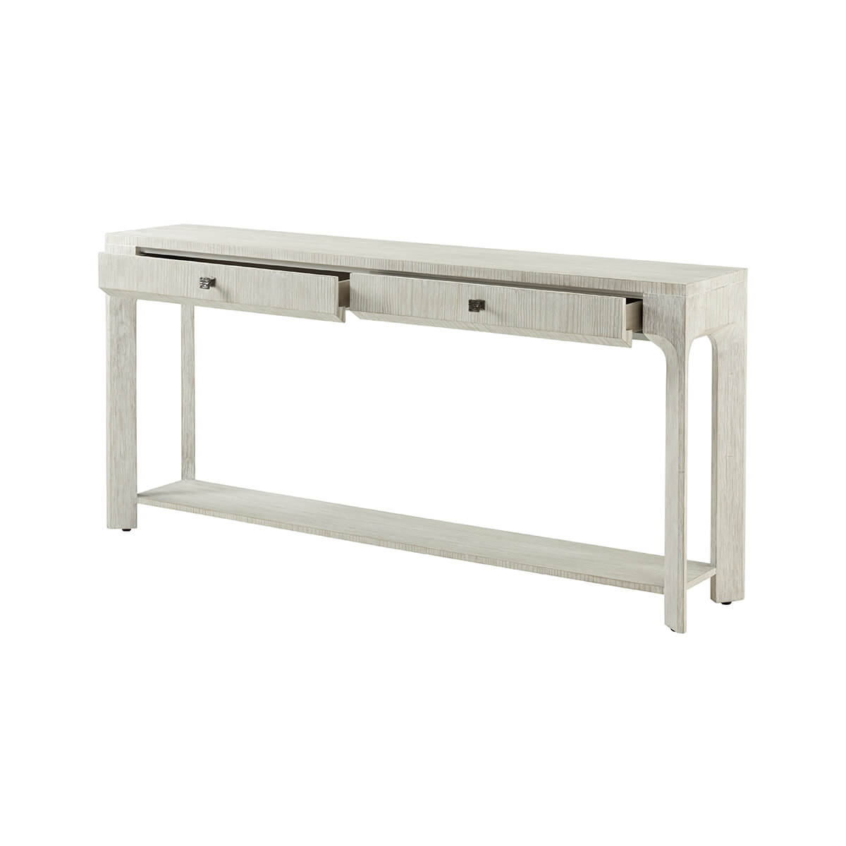 Console table with drawers partially open, side perspective.