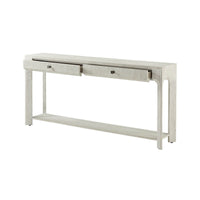 Console table with drawers partially open, side perspective.