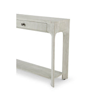 Close-up of console table's corner and single drawer.