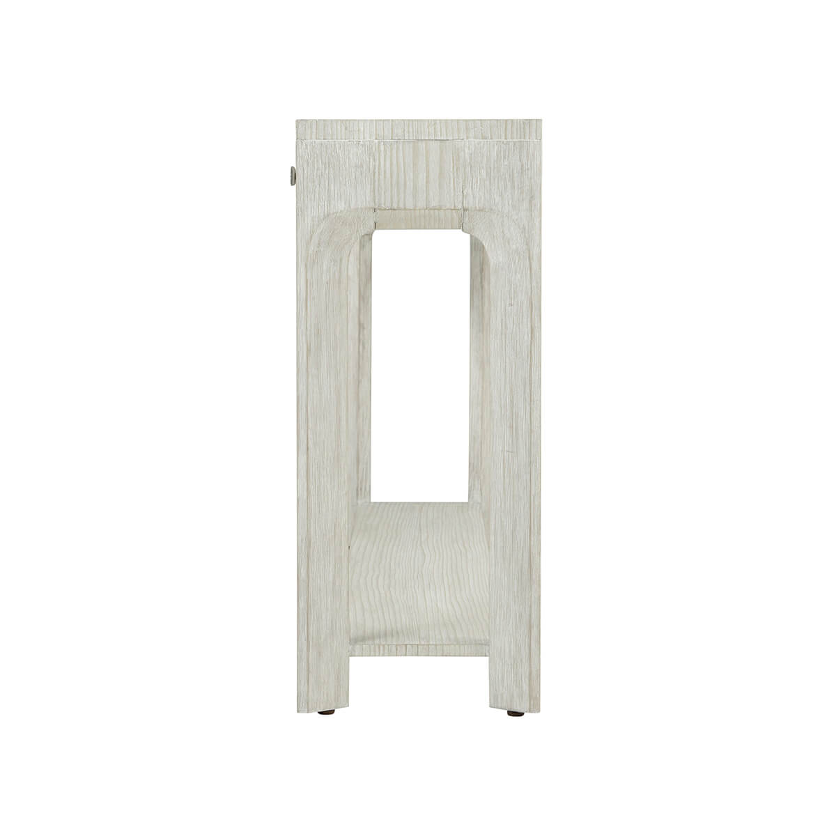 Side profile of console table highlighting depth and design.