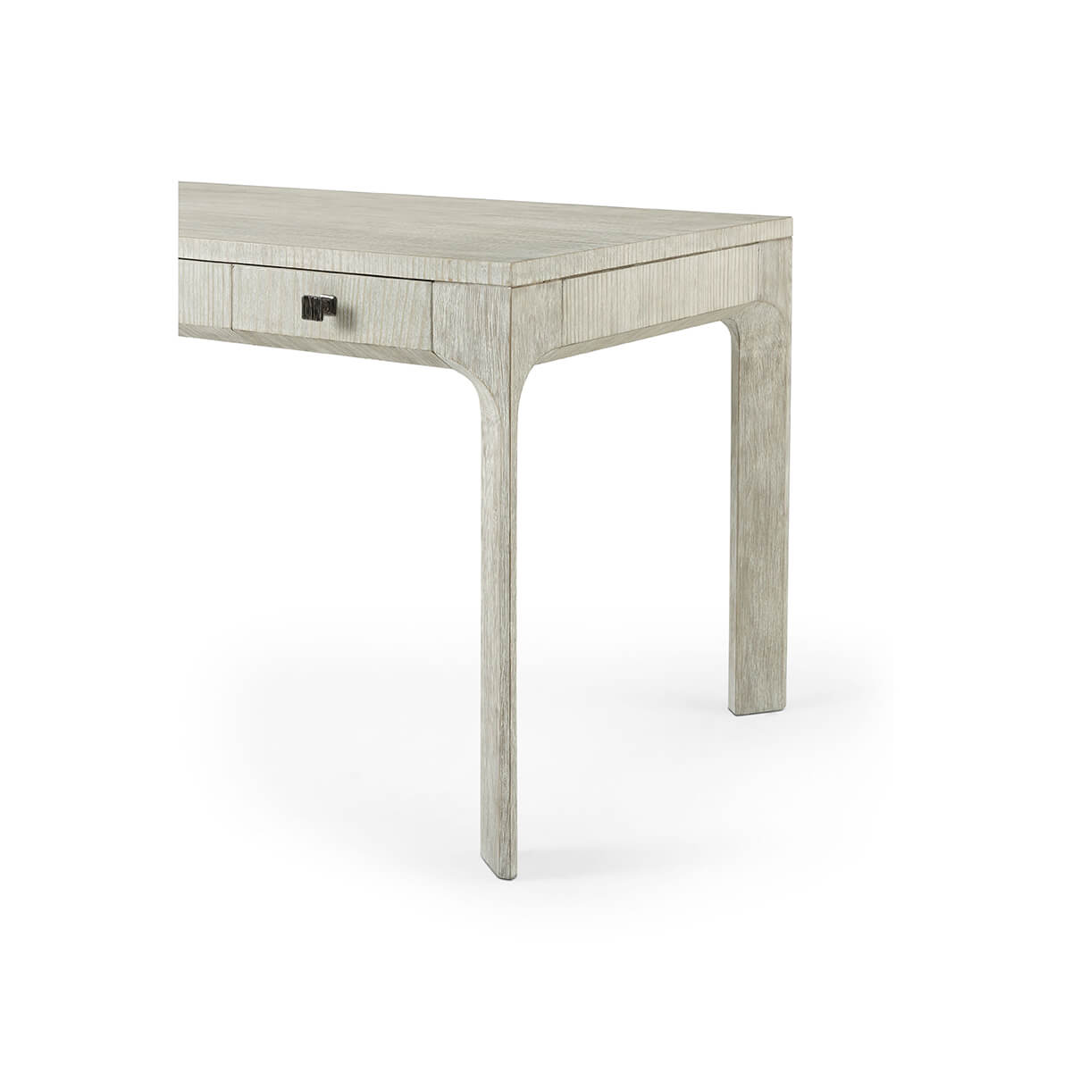 Corner angle of desk, showing drawer and leg detail.