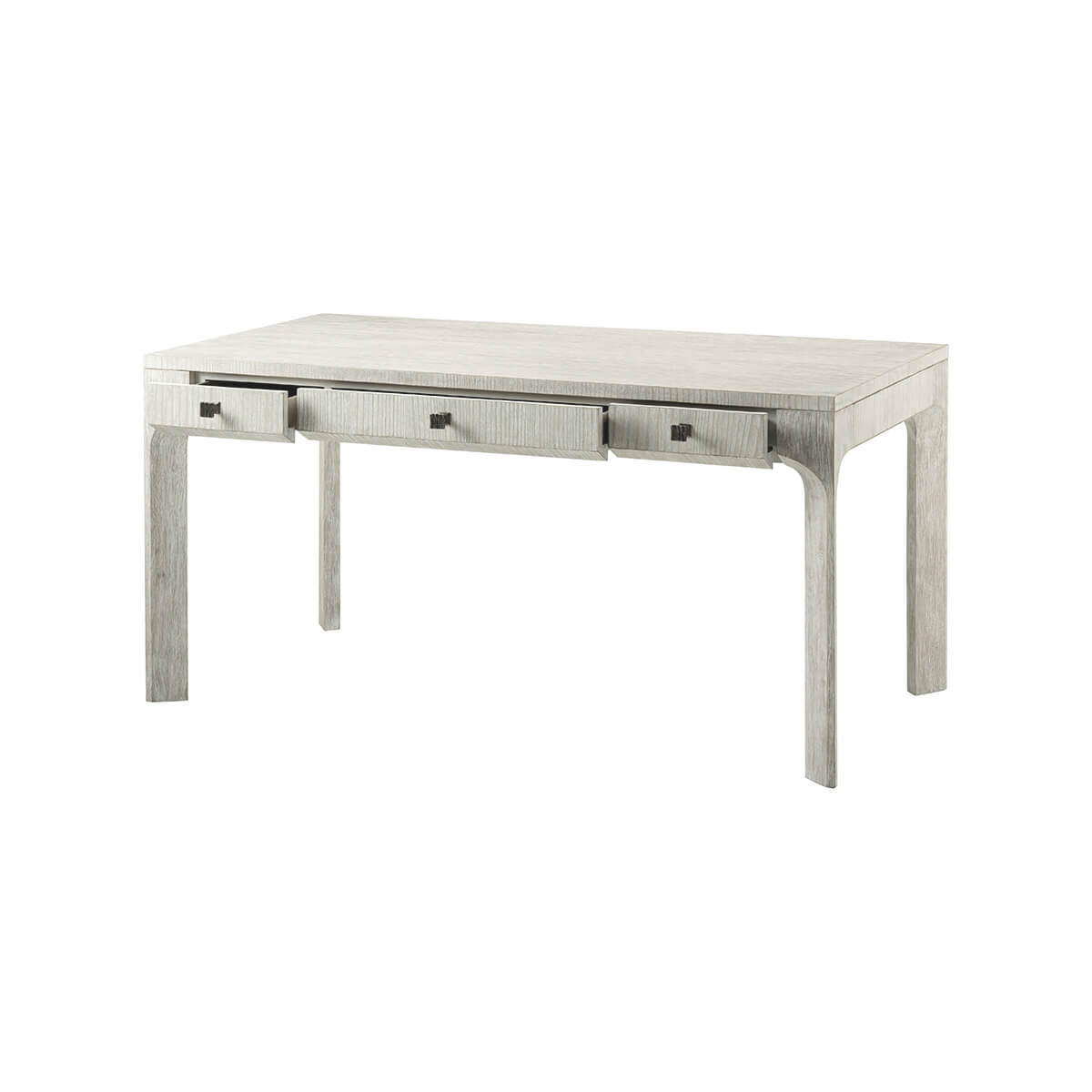Wooden desk with open drawer, three-drawer design.