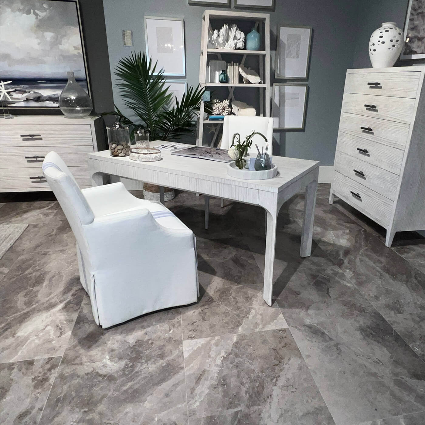 Desk in home office setting, modern decor around.