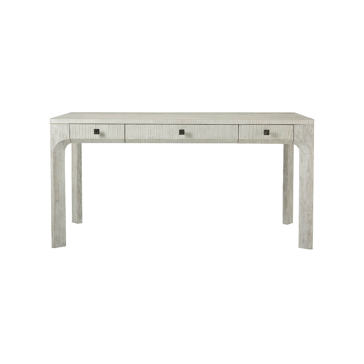 Front view of white desk, three-drawer feature.