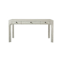 Front view of white desk, three-drawer feature.
