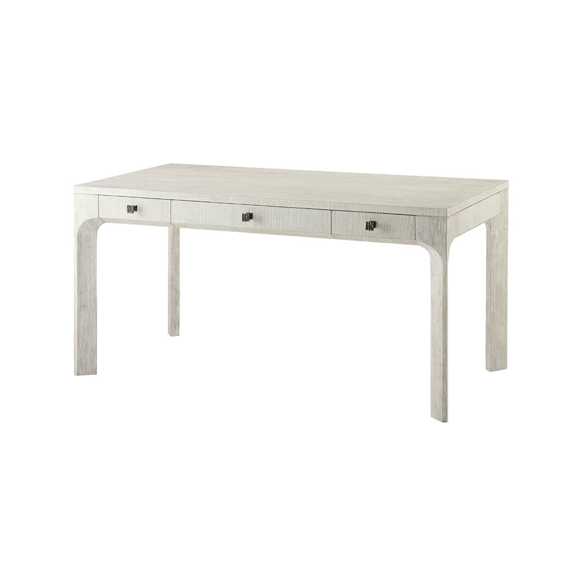 White wooden desk with three drawers, angled view.