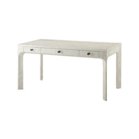 White wooden desk with three drawers, angled view.