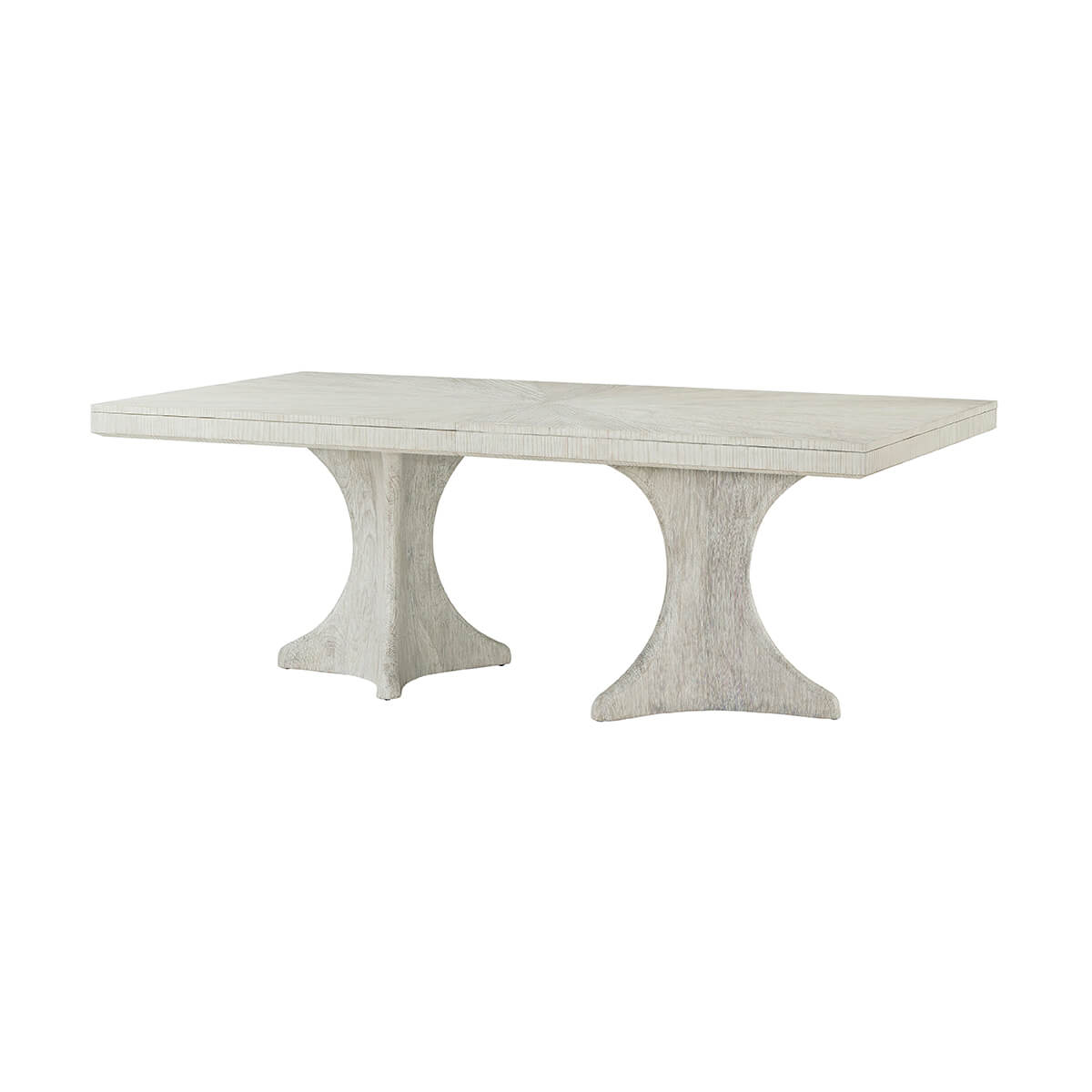 White dining table with double pedestal base, isolated view.