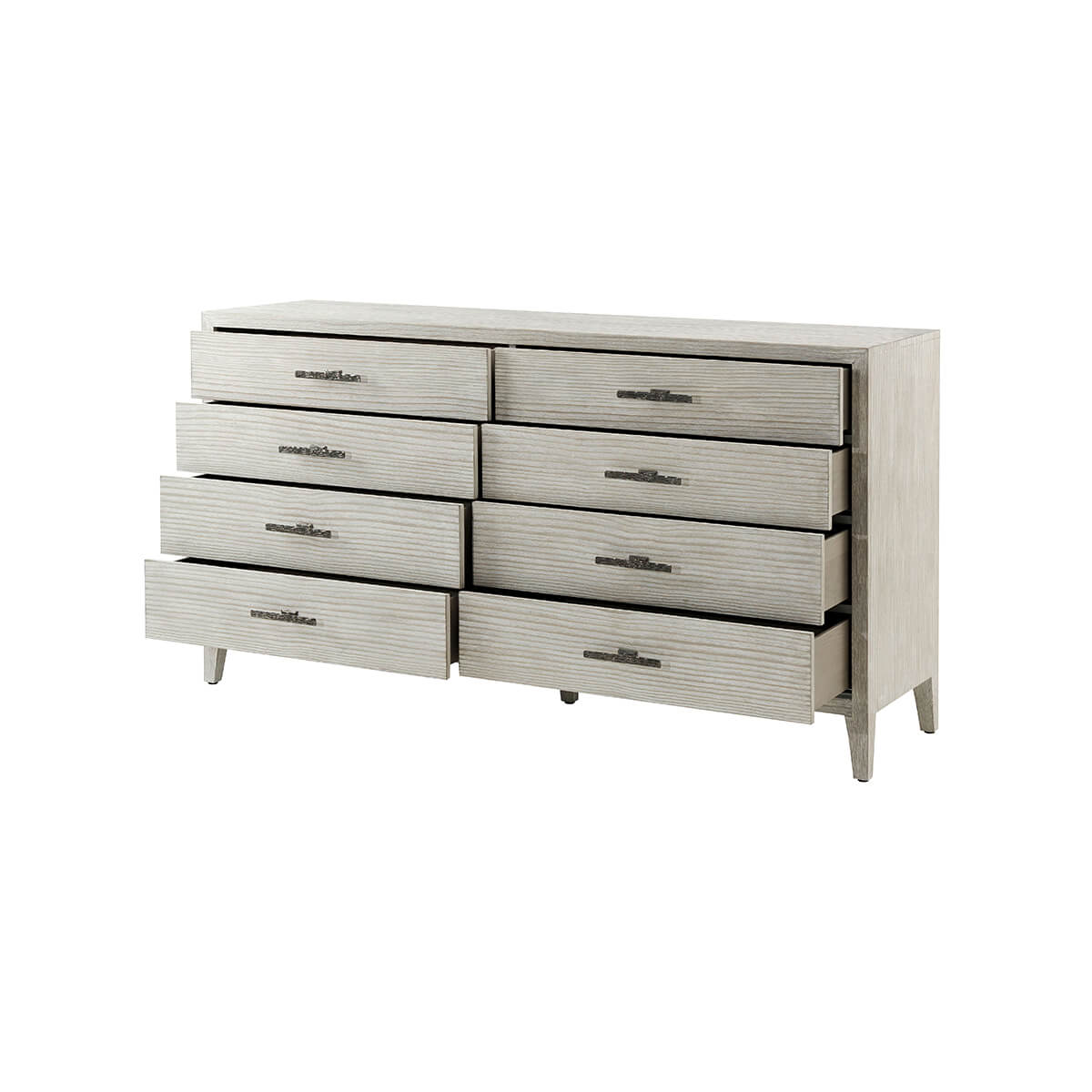 Coastal Breeze long dresser with open drawers, front angle.
