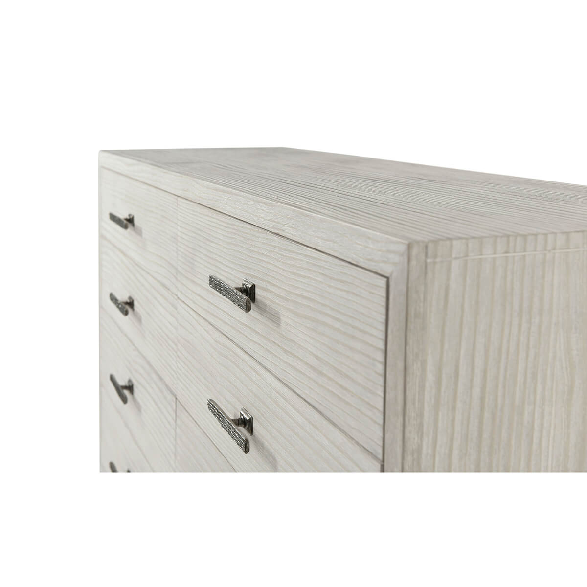 Close-up of Coastal Breeze dresser with metal handles.