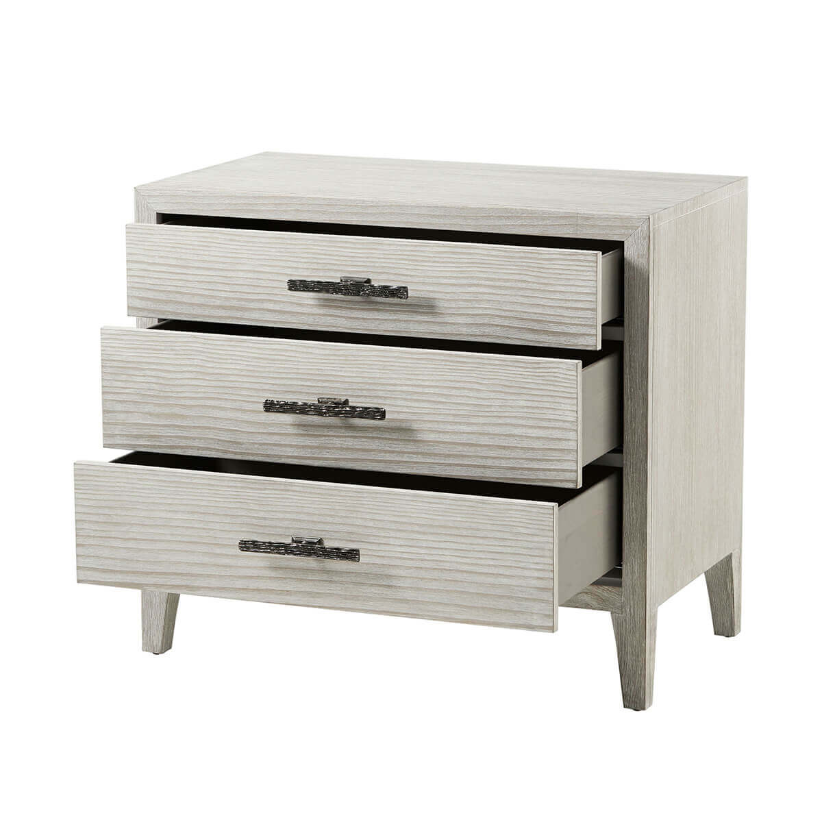 Nightstand with open drawers, light wood, perspective view.