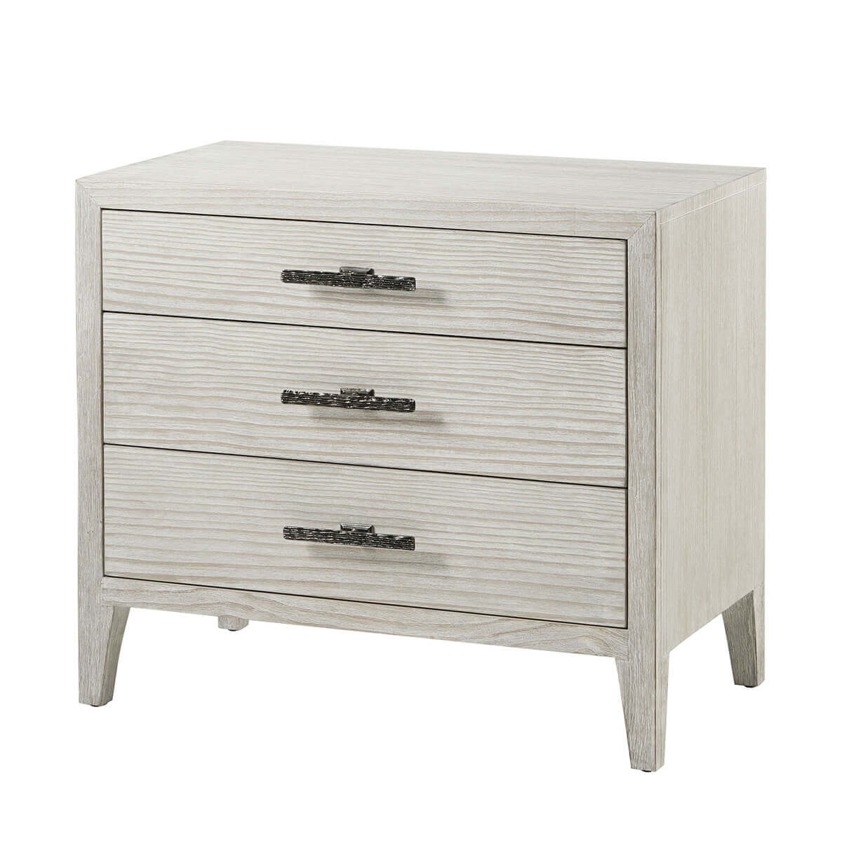 Three-drawer nightstand, light wood finish, angled front view.