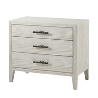 Three-drawer nightstand, light wood finish, angled front view.