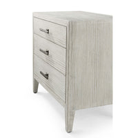 Nightstand side angle, drawer handles visible, light wood texture.