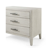 Nightstand angled view, detailed drawer handles, light wood finish.