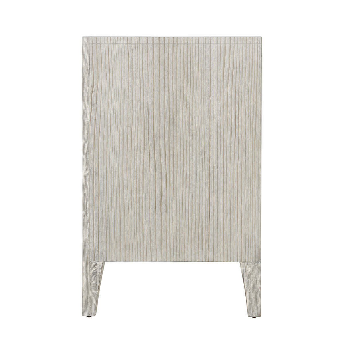 Side view of nightstand, light wood finish.