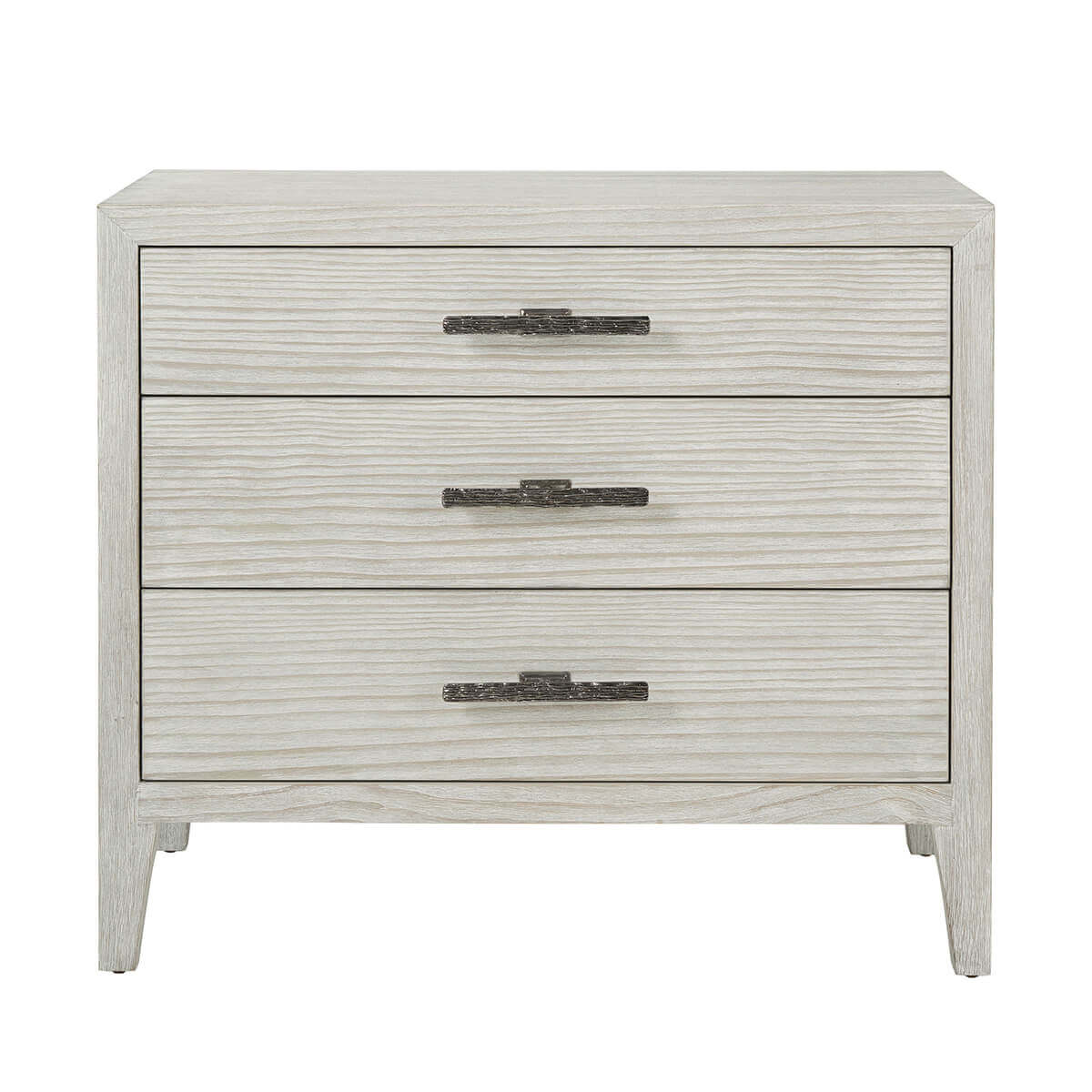 Light wood nightstand, frontal view, three drawers shown.
