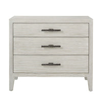 Light wood nightstand, frontal view, three drawers shown.