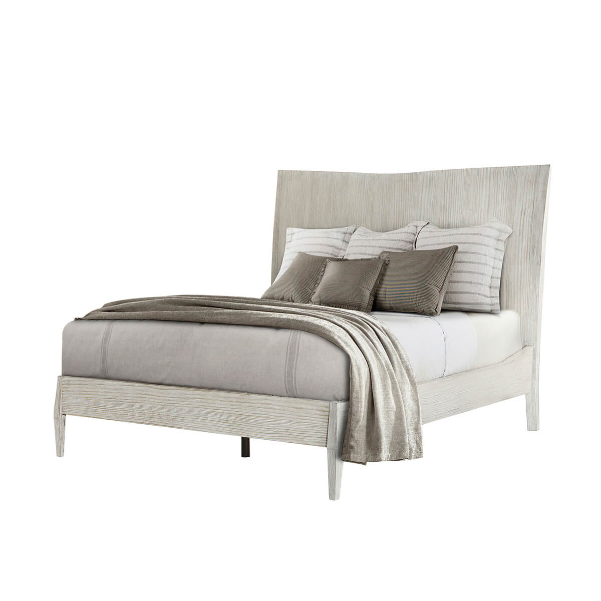 Coastal Breeze Panel Bed with bedding and pillows.