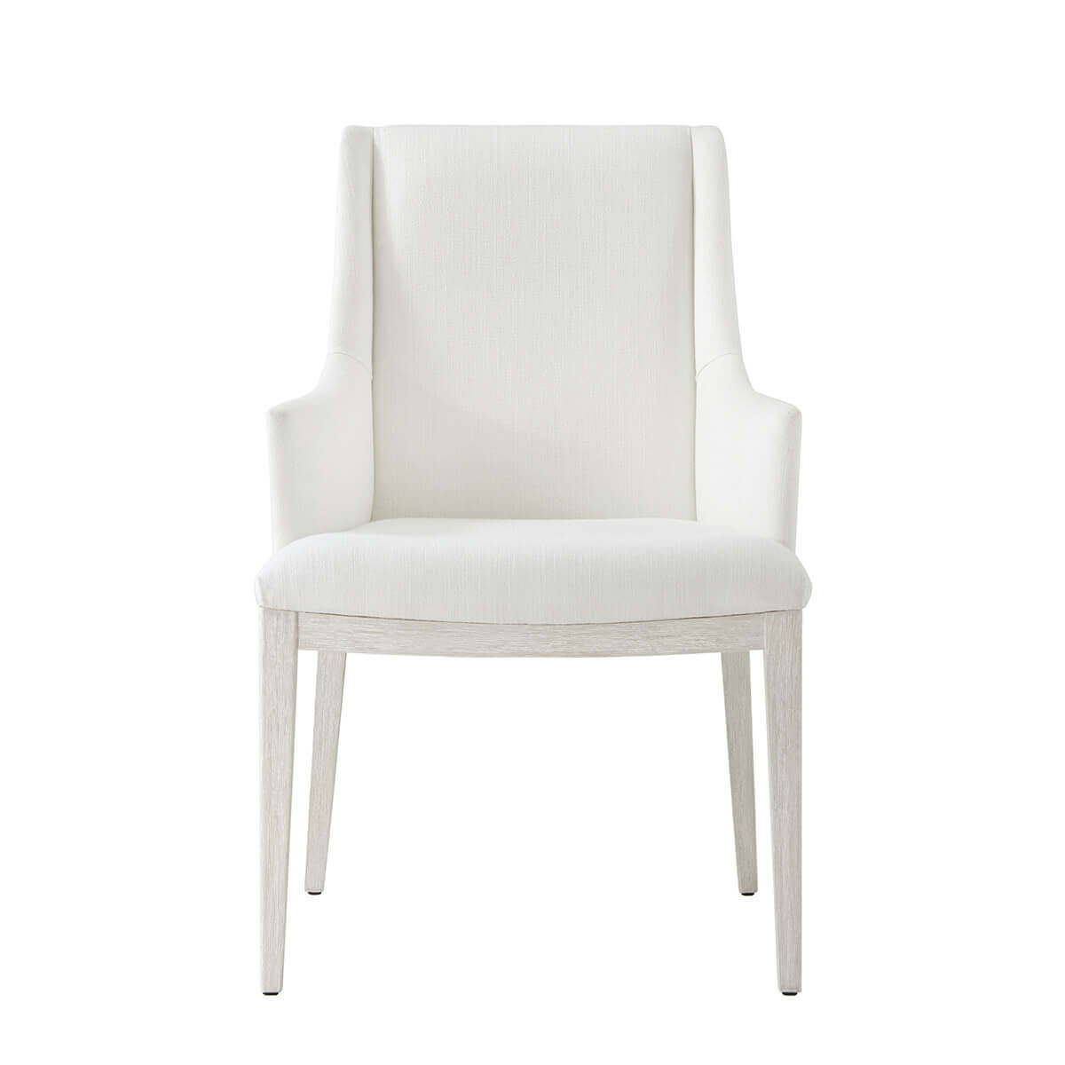 Front view of white upholstered dining chair.