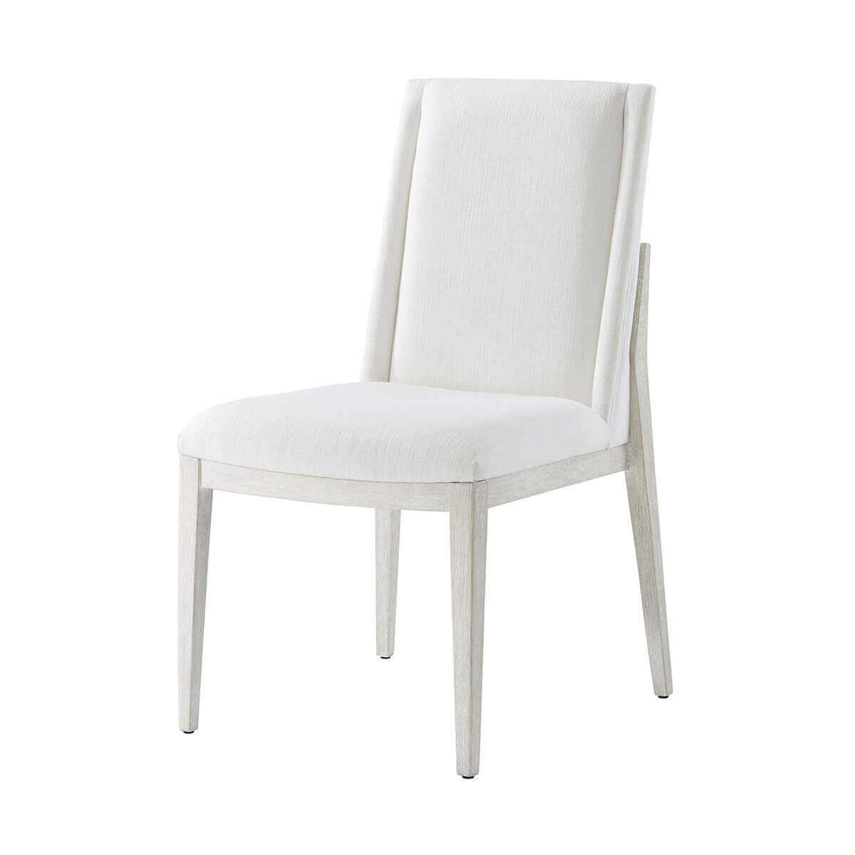 White upholstered dining chair, front angle view.