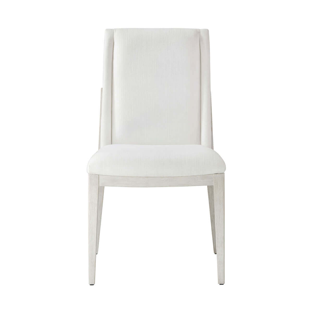 White upholstered dining chair, front view close-up.