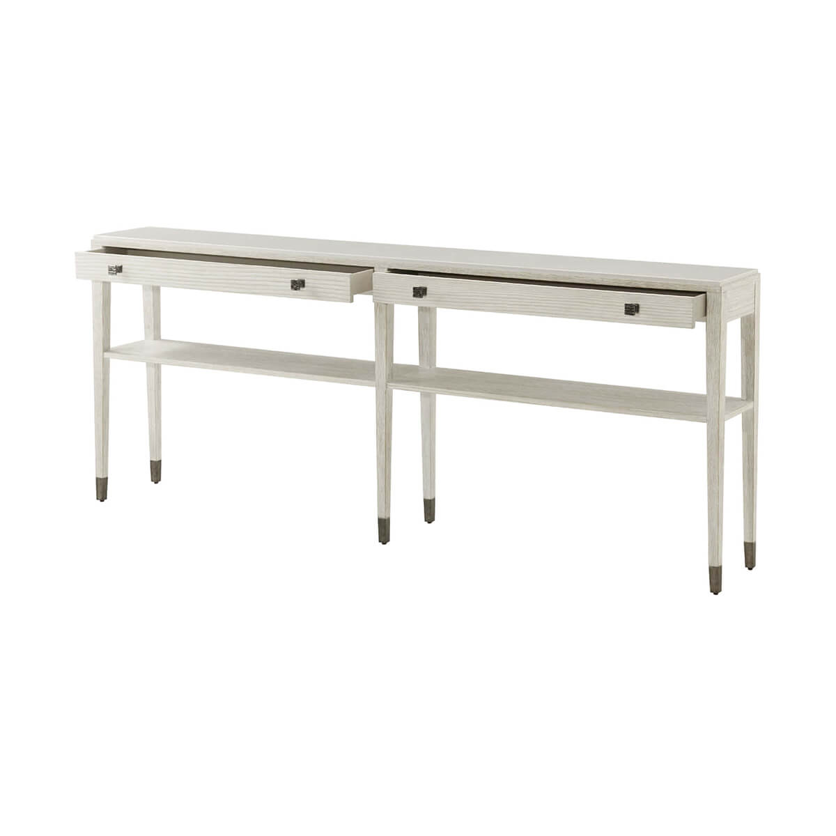 Long console table, right side drawers slightly open.