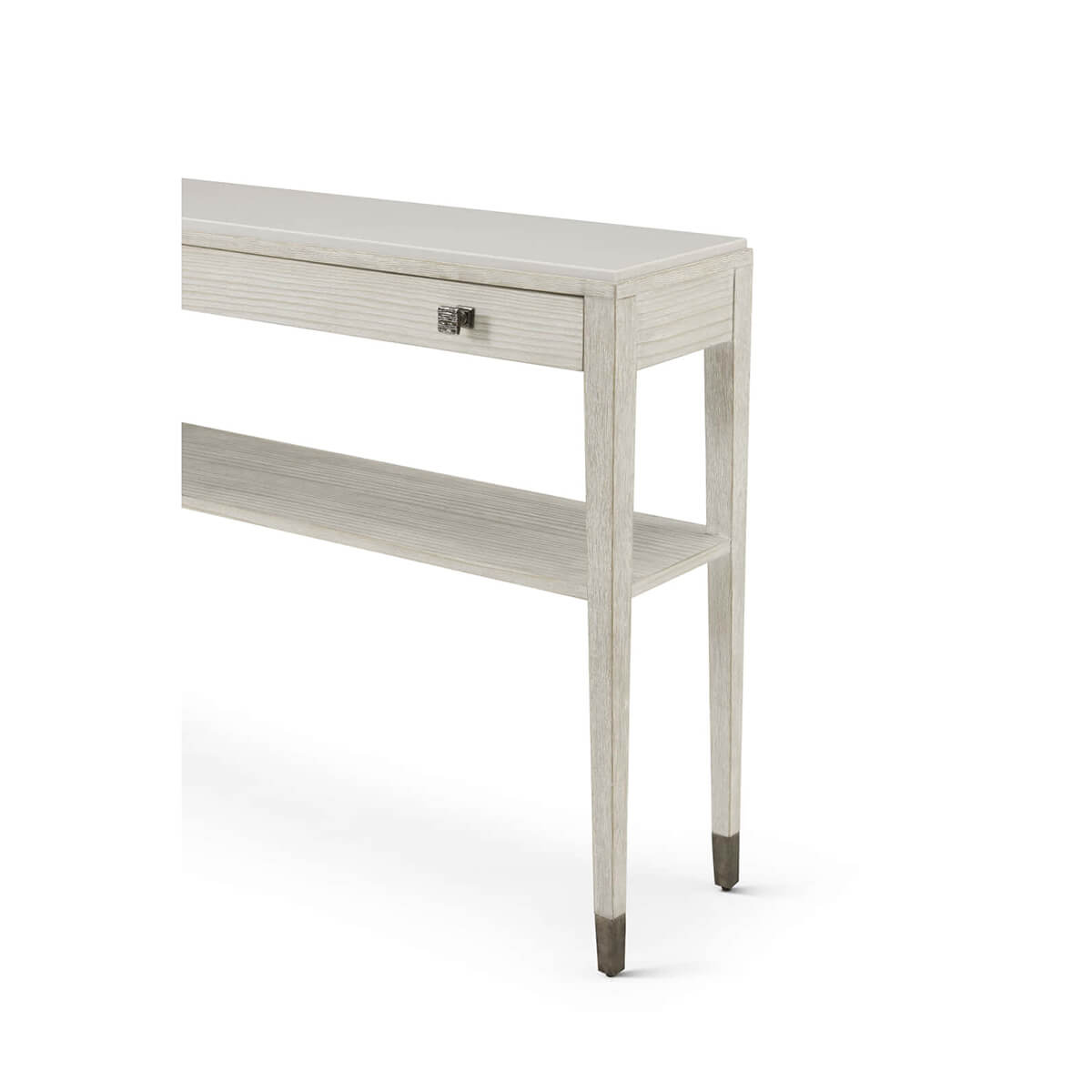Long console table, front-left corner detailed view.