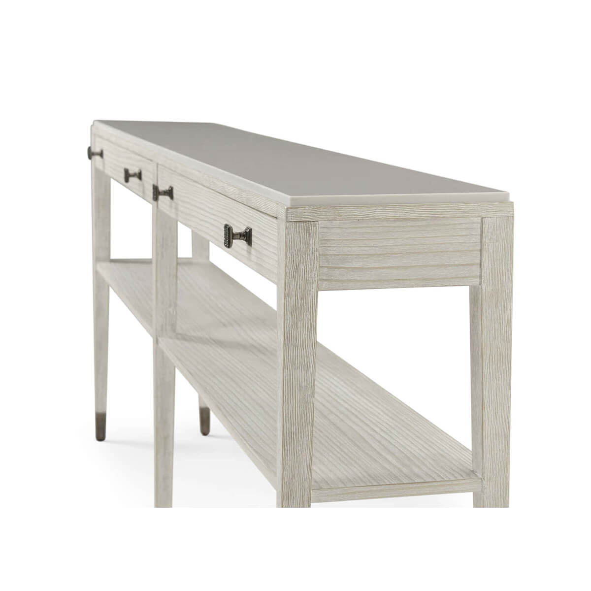 Long console table, angled side view, close-up on handles.