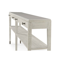 Long console table, angled side view, close-up on handles.