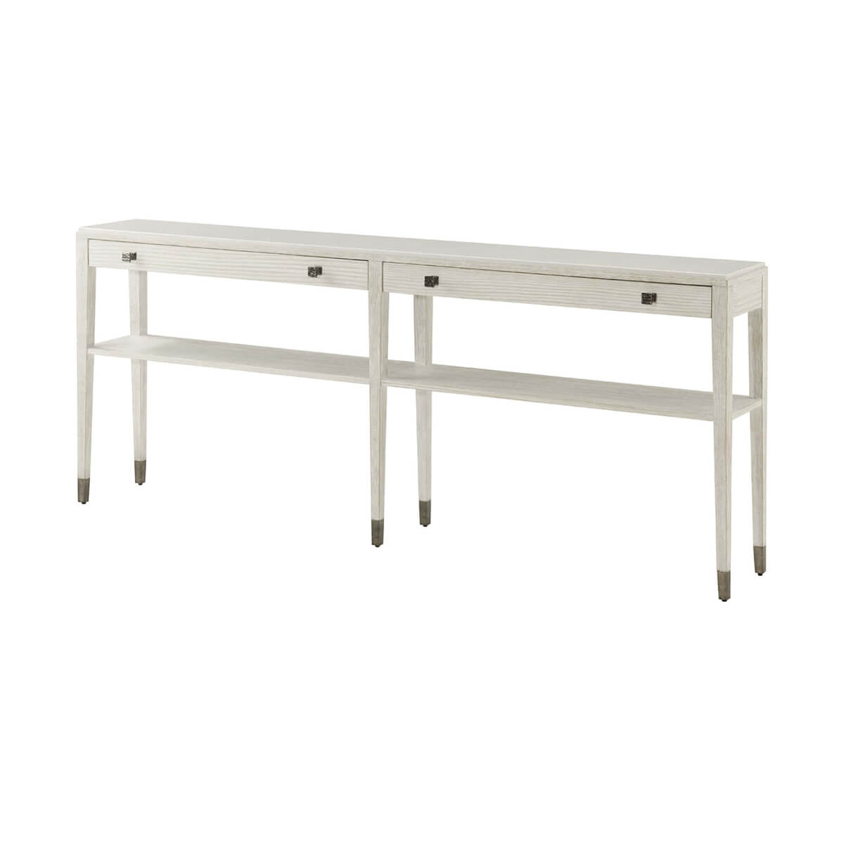 Long console table, angled front-right view, drawers closed.