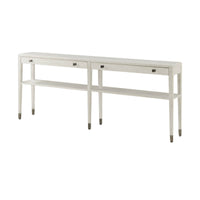 Long console table, angled front-right view, drawers closed.