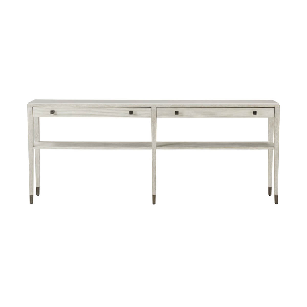 Long console table, straight front view, drawers closed.