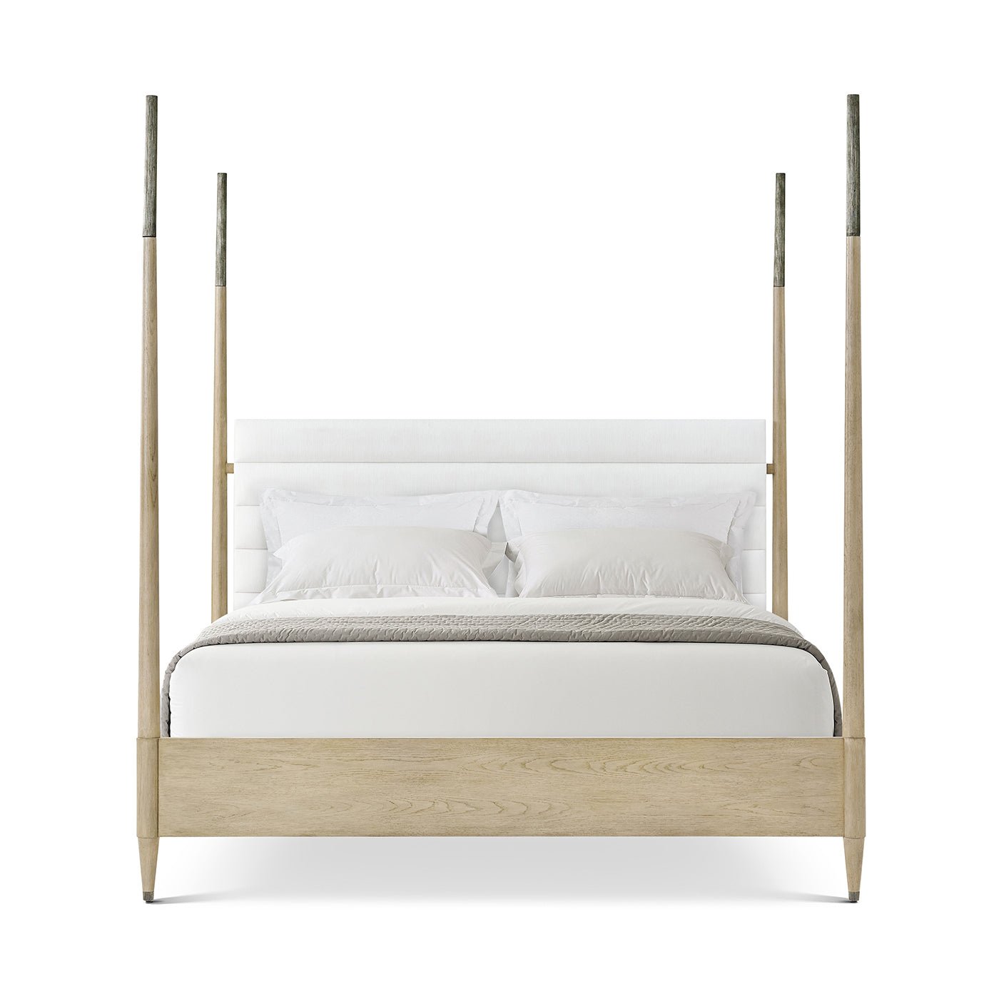 Coastal mid-century oak bed, front view, full bedding.