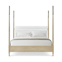 Coastal mid-century oak bed, front view, full bedding.