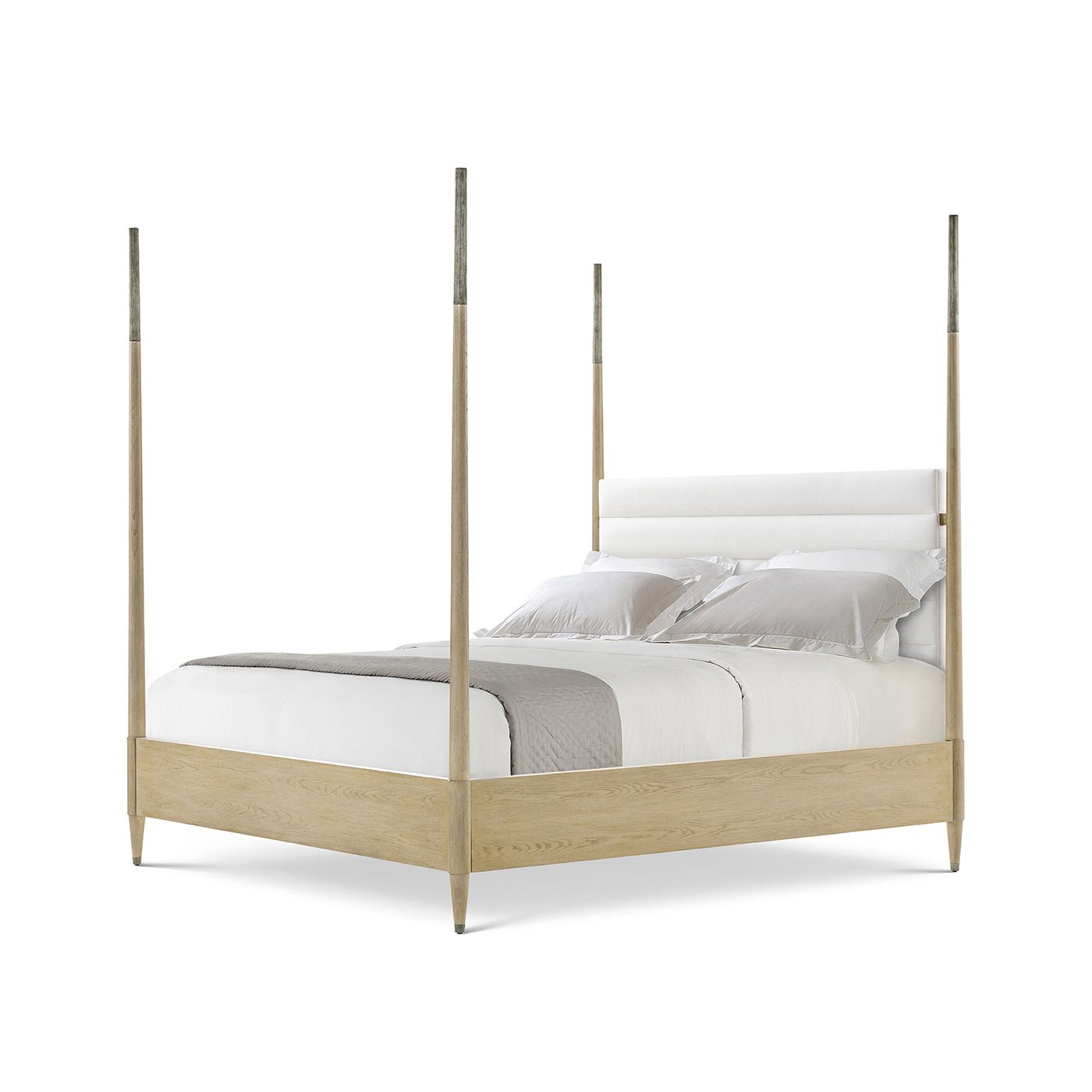 Coastal mid-century oak bed, angled view, no bedding.