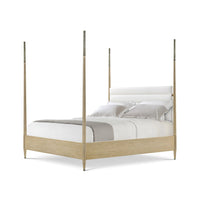 Coastal mid-century oak bed, angled view, no bedding.