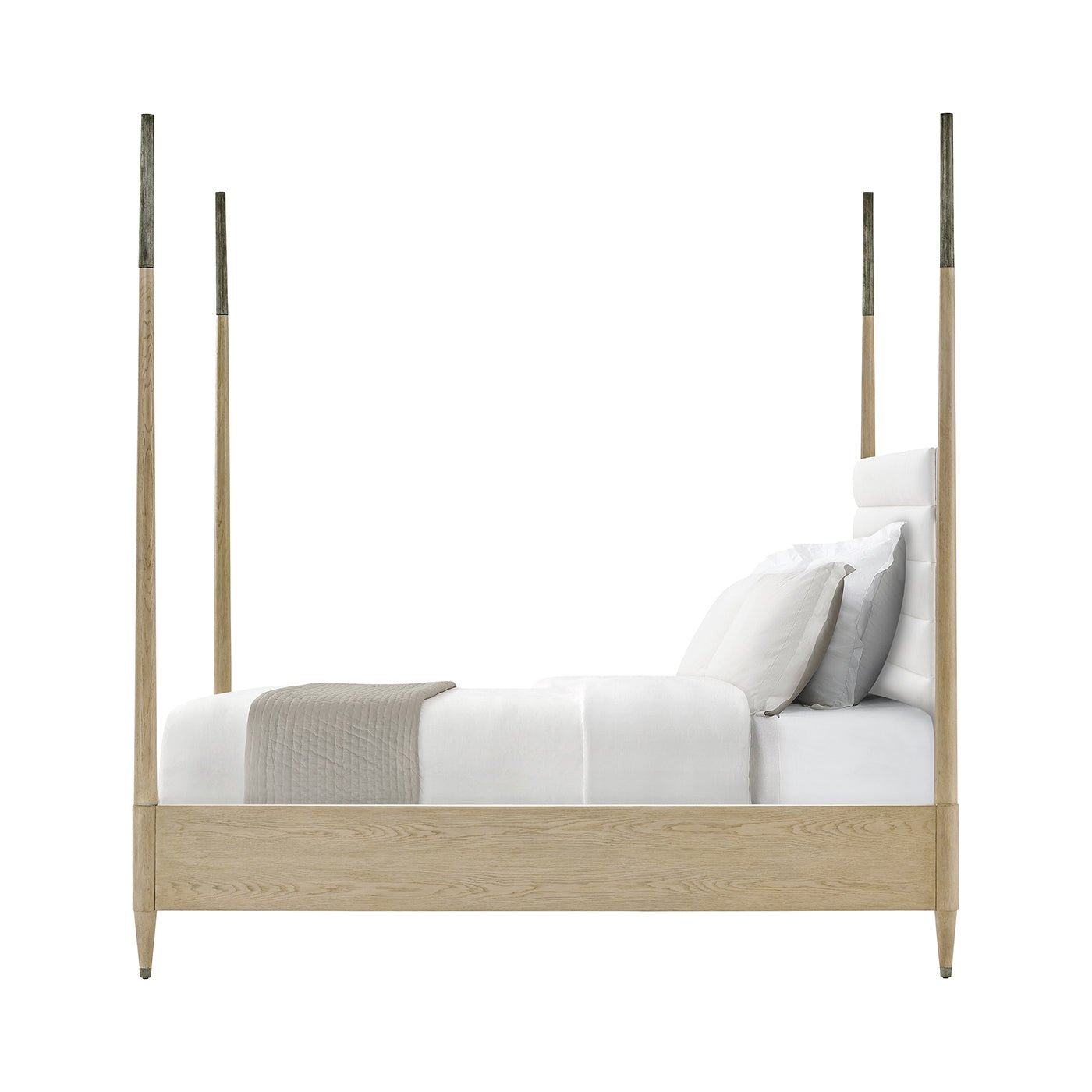 Coastal mid-century oak bed, side profile, comforter shown.
