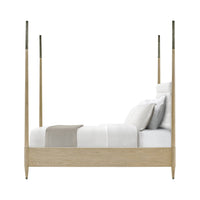 Coastal mid-century oak bed, side profile, comforter shown.