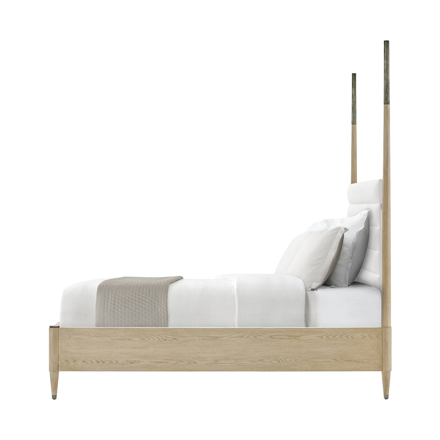 Coastal mid-century oak bed, right side view, minimal bedding.