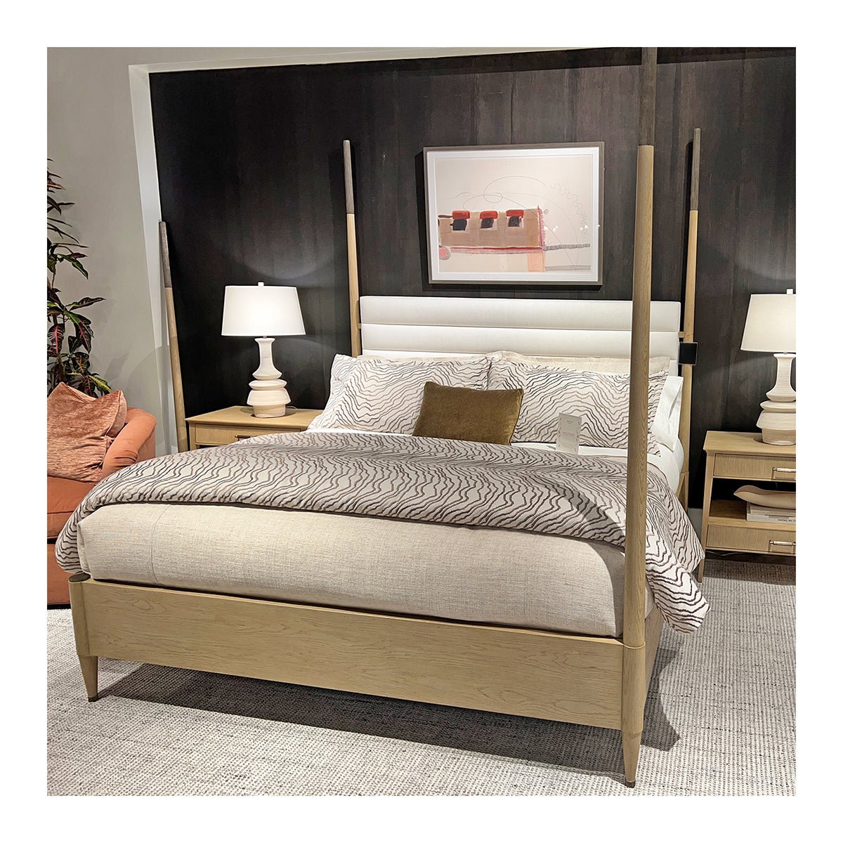 Coastal mid-century oak bed, in room setup, artwork above.