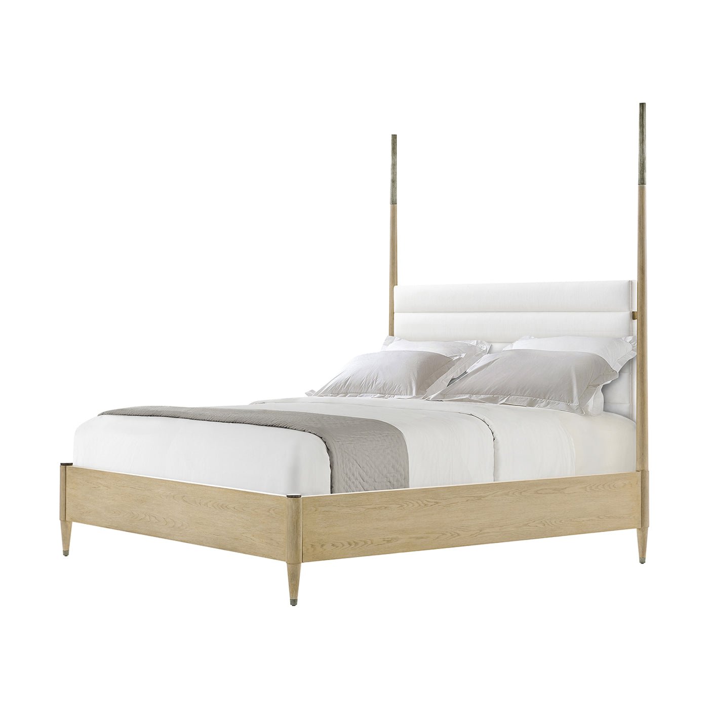 Coastal mid-century oak bed, angled view with pillows.
