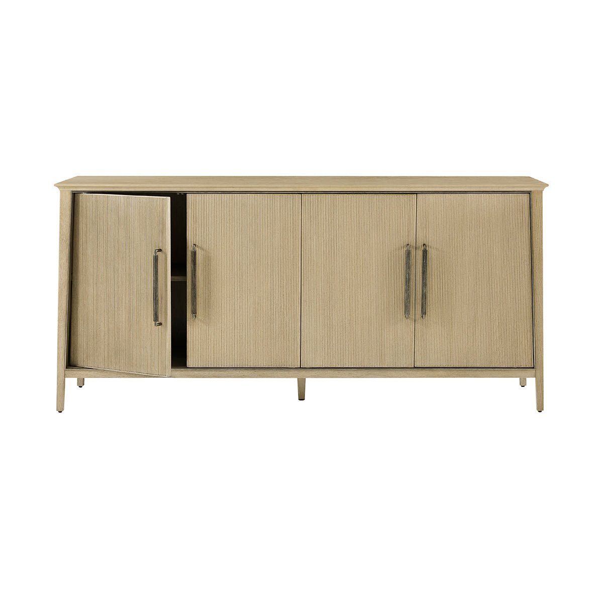 Oak sideboard front with one door open.